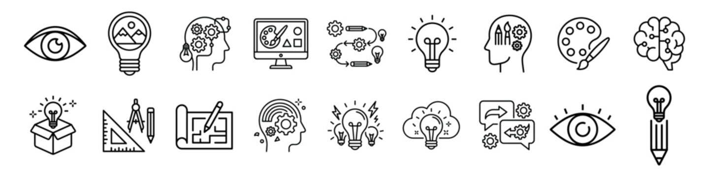 Set of line icons representing creativity, ideas, brain, vision, art, planning, innovation, and design concepts on transparent background