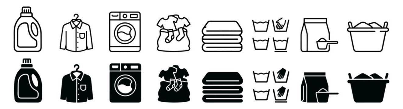 Laundry and washing icons set with detergent, shirt, washing machine, clothes, towels, detergent powder, washing symbols, and laundry basket on transparent background