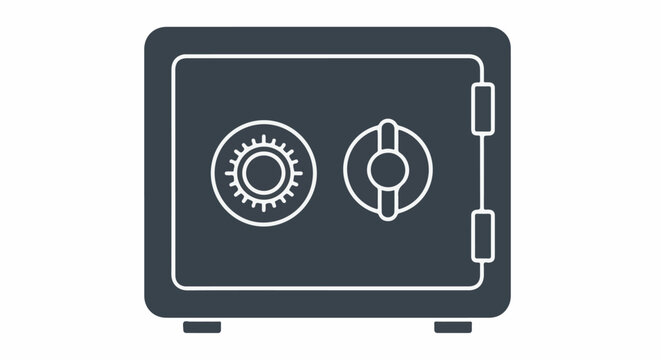 A dark blue graphic of a safe with white outlines, featuring a dial and a lock mechanism