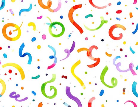 Colorful, watercolor-style confetti and streamers scattered on a bright white background