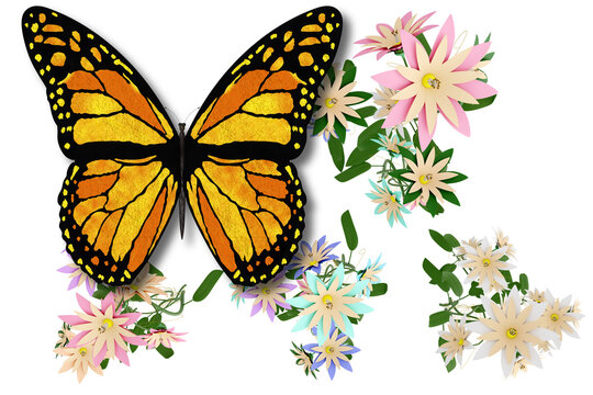 PNG. Illustrazione 3D. Primavera, estate. Fiori e farfalle su sfondo trasparente . Campo di erba con fiori colorati e farfalle, sullo sfondo trasparente.