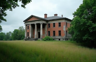 Naklejka premium Old brick manor house stands empty in green field. Neoclassical facade with large columns peeling paint, damaged walls. Overgrown garden surrounds vacant estate. Overcast sky looms above forgotten