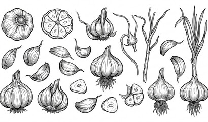 Hand drawn garlic sketch vector illustration with detailed culinary botanical elements © MstLima