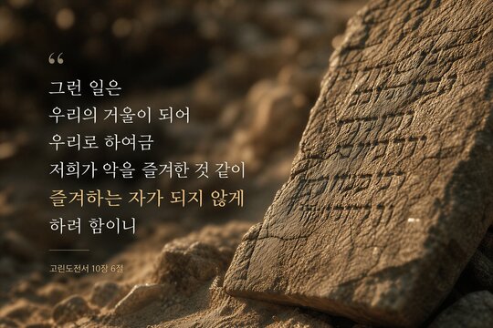 1 Corinthians 10:6 Korean Biblical Scripture Quote on Reflective Surface for Moral Guidance.