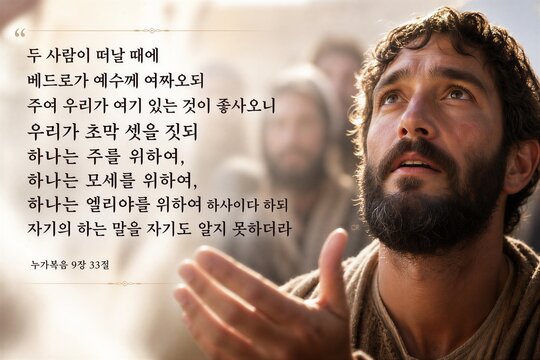 Luke 9:33 Korean Biblical Scripture Quote on Transfiguration Mount with Moses and Elijah.
