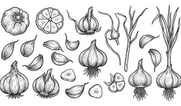 Hand drawn garlic sketch vector illustration with detailed culinary botanical elements