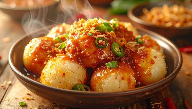 Authentic Indonesian street food cilok tapioca balls with spicy chili sauce
