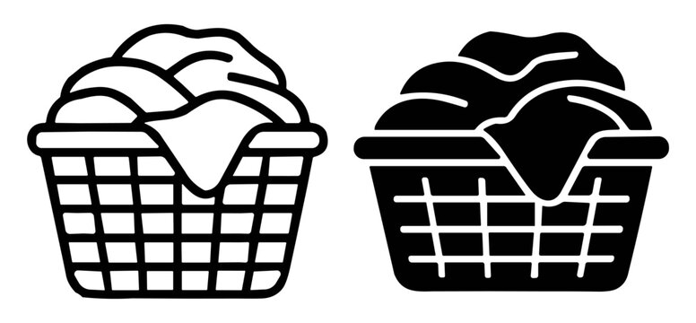Laundry basket icons with clothes inside line and solid style vector illustrations on transparent background