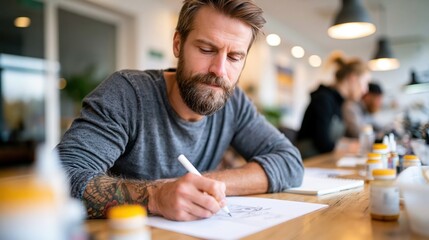 Fototapeta premium A focused artist diligently sketches on paper, showcasing creativity and dedication in a bright, inspiring studio environment filled with artistic tools and materials.