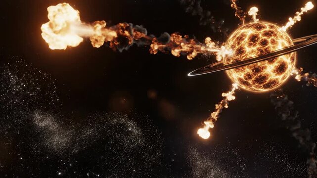 A fiery planet with rings explodes from multiple impacts in deep space. Intense stellar activity and cosmic destruction.