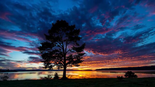 Sunset with a single tree by the lake, a gorgeous sunset with trees by the lake
