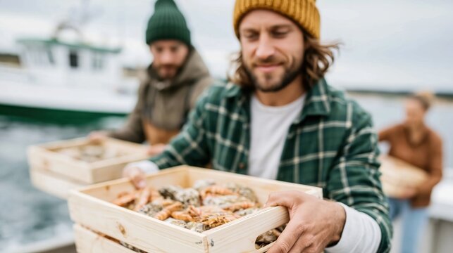 Two men are seen transporting wooden crates filled with fresh seafood on a boat, highlighting the hard work and camaraderie involved in fishing and local seafood industries.