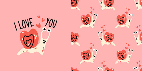 Romantic greeting card design and seamless pattern with cute snail in heart shaped shell and lettering I love you. Cute seamless pattern for textile packaging and kids design. © miss LEMON