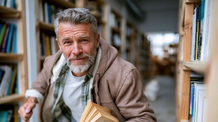 Obraz premium An older man peruses books in a cozy library setting, surrounded by shelves filled with various books, embodying the love for reading and knowledge sharing.