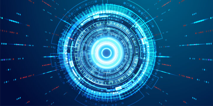 Digital technology background with glowing circular data rings and binary code streaming patterns.