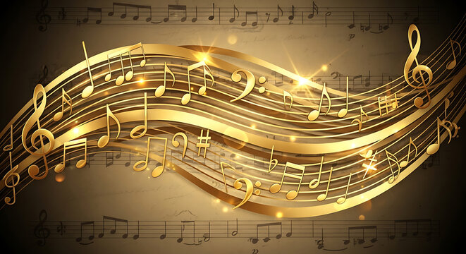Decorative Gold Music Symbols and G-Clef with Soft Illumination