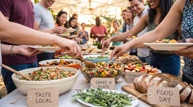 community food day potluck table with diverse hands serving vegetarian dishes and fresh salads