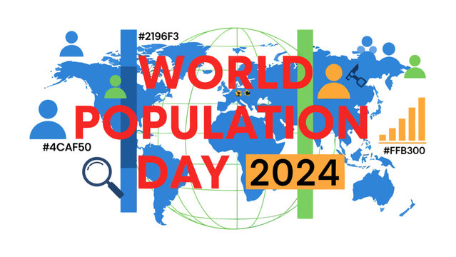 World Population Day 2024 Graphic: A vibrant graphic illustration representing World Population Day 2024, featuring a world map, diverse human figures, charts.