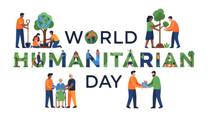 Fototapeta premium World Humanitarian Day: A vibrant illustration depicting global collaboration and compassion on World Humanitarian Day, showcasing people planting trees, assisting elders, and sharing resources.