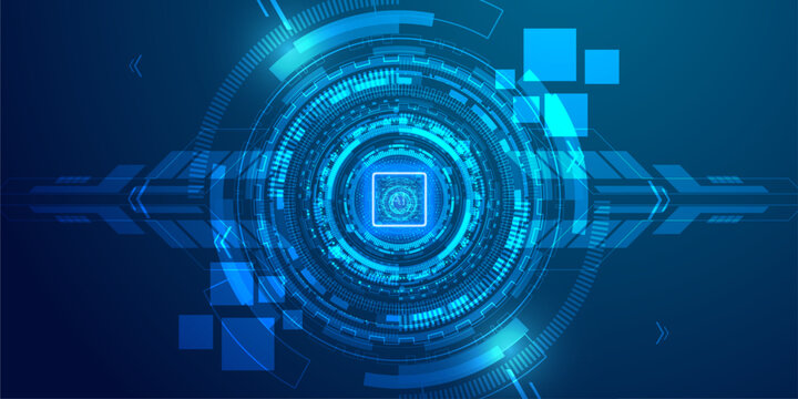 Abstract technology concept with glowing circular interface and geometric digital data structures.