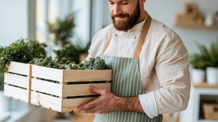 Fototapeta premium A man in an apron proudly holds a wooden crate filled with fresh vegetables, embodying a commitment to healthy eating and the joy of farm-to-table cooking.