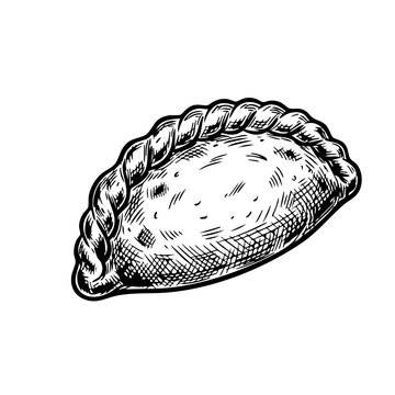 A hand-drawn, black and white engraving illustration of a traditional empanada with a braided crust.