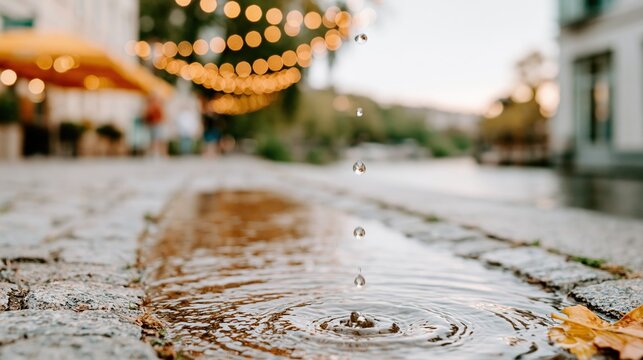 Water droplets fall into a cobblestone pathway, creating ripples and reflections that capture a tranquil moment amid a lively backdrop adorned with twinkling lights.