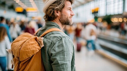 Fototapeta premium A traveler pauses to take in the bustling atmosphere of a busy airport, embodying the spirit of adventure and mobility with a stylish backpack and a look of contemplation.