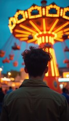 Obraz premium Man looks at bright amusement ride at night carnival. People gather around illuminated carousel and fairground attractions. Evening fun fair atmosphere with glowing lights and joy.