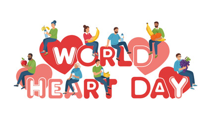 Fototapeta premium World Heart Day Celebration: People enjoy healthy fruits and vegetables, sitting on large letters spelling out World Heart Day, surrounded by heart symbols, promoting a healthy lifestyle.