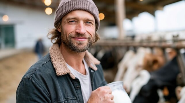 A charming image of a smiling dairy farmer holding fresh milk, conveying warmth, dedication, and the connection between wholesome farming and sustainable agriculture practices.