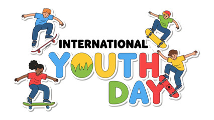 Fototapeta premium International Youth Day Celebration: Dynamic illustration depicting young people skateboarding to celebrate International Youth Day, showcasing vibrant colors and energetic movement.