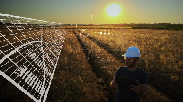 Agritech engineer using AI analytics to monitor crop data and smart farming performance in field at sunset. Motion graphic overlay
