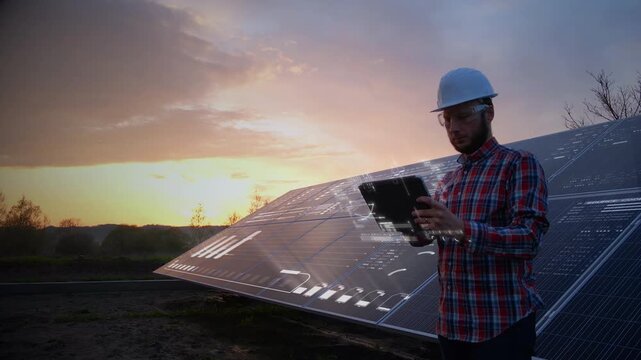 Close-up of Solar engineer monitoring photovoltaic performance with AI powered energy analytics on digital tablet at solar farm. Motion graphic overlay