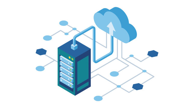 Server rack connected to cloud storage with network nodes.