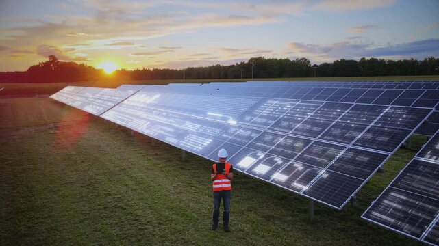 Aerial of solar engineer analyzing photovoltaic performance and energy optimization through digital twin technology and AI analytics at solar farm