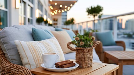 Obraz premium A cozy outdoor bistro scene set up with a cup of coffee and decorative plants, evoking feelings of relaxation and comfort in a beautifully arranged alfresco environment.