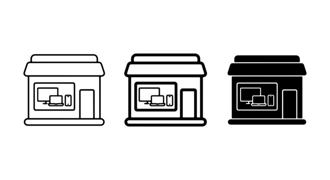Technology Storefront Icons, Retail Shop Vector Graphics, Computer Electronics Business Symbols, Modern Commerce Building Outlines