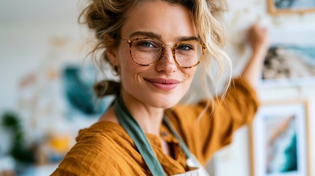 A smiling young woman in a bright, artistic space fills her creative surroundings with vibrant energy, showcasing the beauty of self-expression through art and passion.