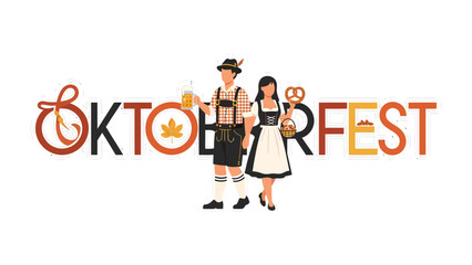 Oktoberfest Celebration: A charming couple dressed in traditional Bavarian attire, holding a beer and pretzel, stands before the vibrant Oktoberfest lettering. © asad