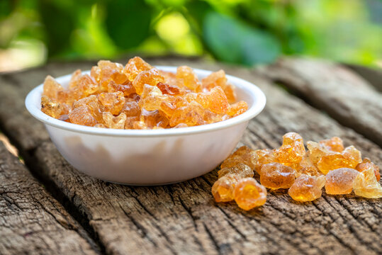 Close up Indian gum arabic (edible gum / tragacanth) in a bowl &ndash; horizontal Shot