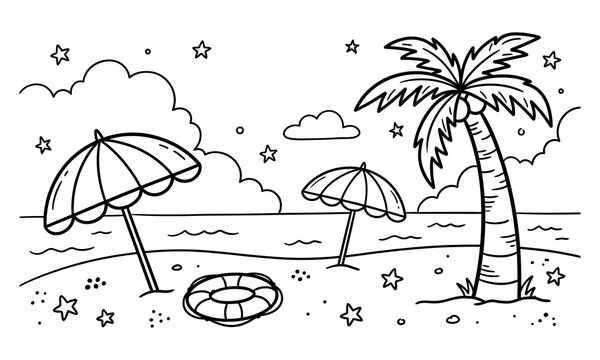 Beach scene coloring page for kids palm tree umbrella and ocean relaxation activity