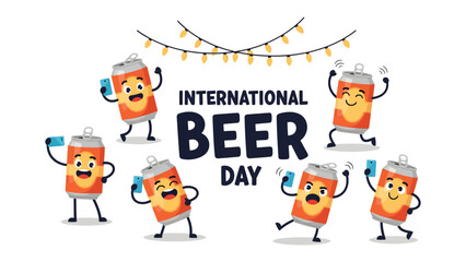 Fototapeta premium Cartoon Celebration for International Beer Day: A vibrant illustration depicts several animated beer cans dancing and toasting with tiny smartphone in hand, under a string of festive party lights.