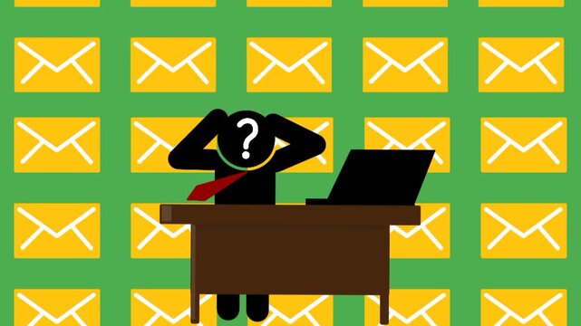 Exhausted businessman icon under pressure with vertical motion of emails. Overwhelmed and fatigued. Information overload stress scene.