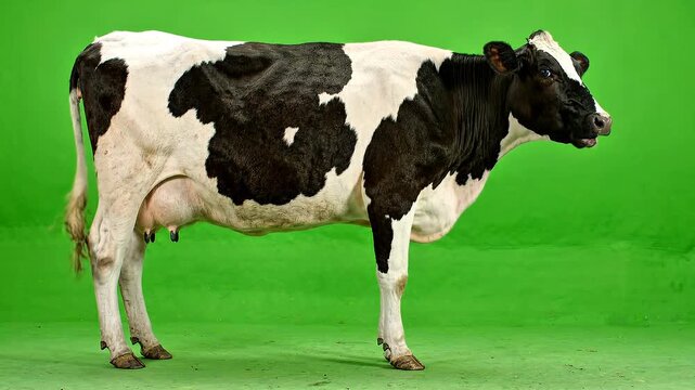 Black and white holstein cow stands steadily on green screen background footage of farm animal in studio for compositing