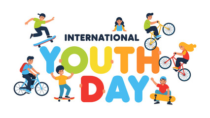 International Youth Day Celebration: Vibrant illustration depicting joyful young people engaged in various activities like skateboarding and cycling. © Ajm