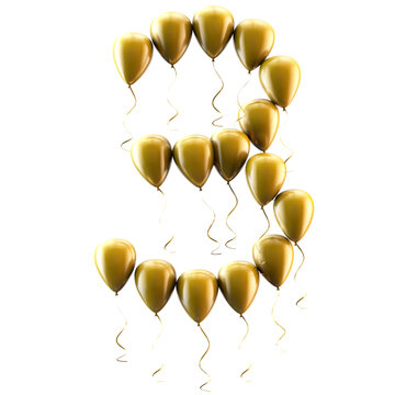 Globos dorados met&aacute;licos con el n&uacute;mero 3 sobre fondo blanco para fiestas. Globos dorados brillantes que forman el n&uacute;mero tres. Elemento para la celebraci&oacute;n del tercer cumplea&ntilde;os. Ilustraci&oacute;n 3D.