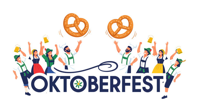 Oktoberfest Celebration: A vibrant illustration depicting a lively Oktoberfest festival with people in traditional attire tossing pretzels and raising beer mugs, celebrating with joy and camaraderie
