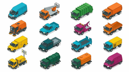 Collection of isometric vehicles including vans, trucks, and specialized service vehicles in various colors. © Janji