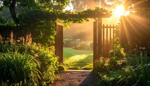 Sunbeam through garden gate on a bright summer morning with blooming flowers
